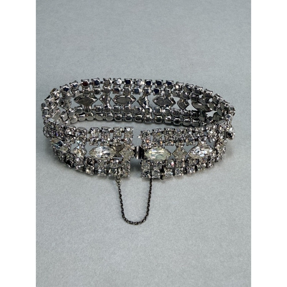 Vintage Symphony 1950s Rhinestone Tennis Bracelet Clear Marquise Crystal Silver